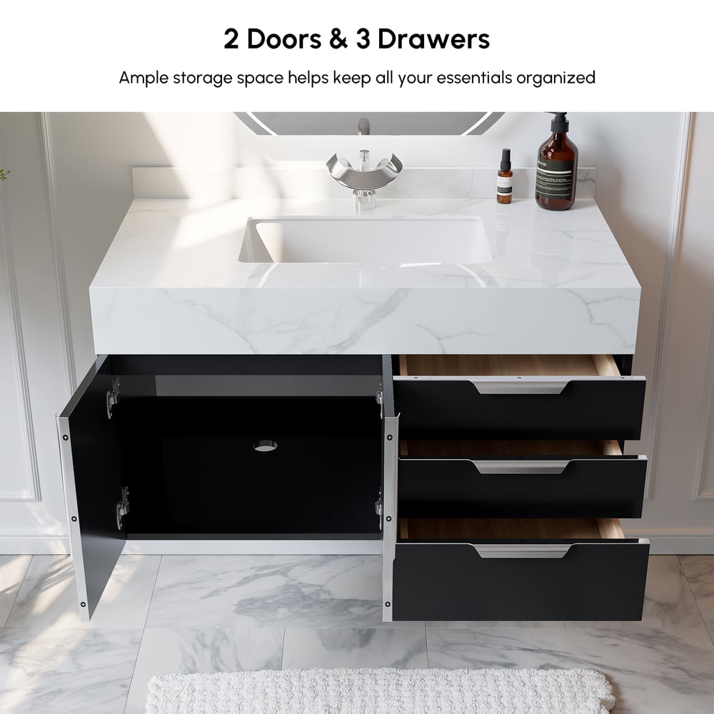 Gavetas de banheiro Aro 900 mm pretas montadas na parede com tampo de mármore sintético Imagem da janela