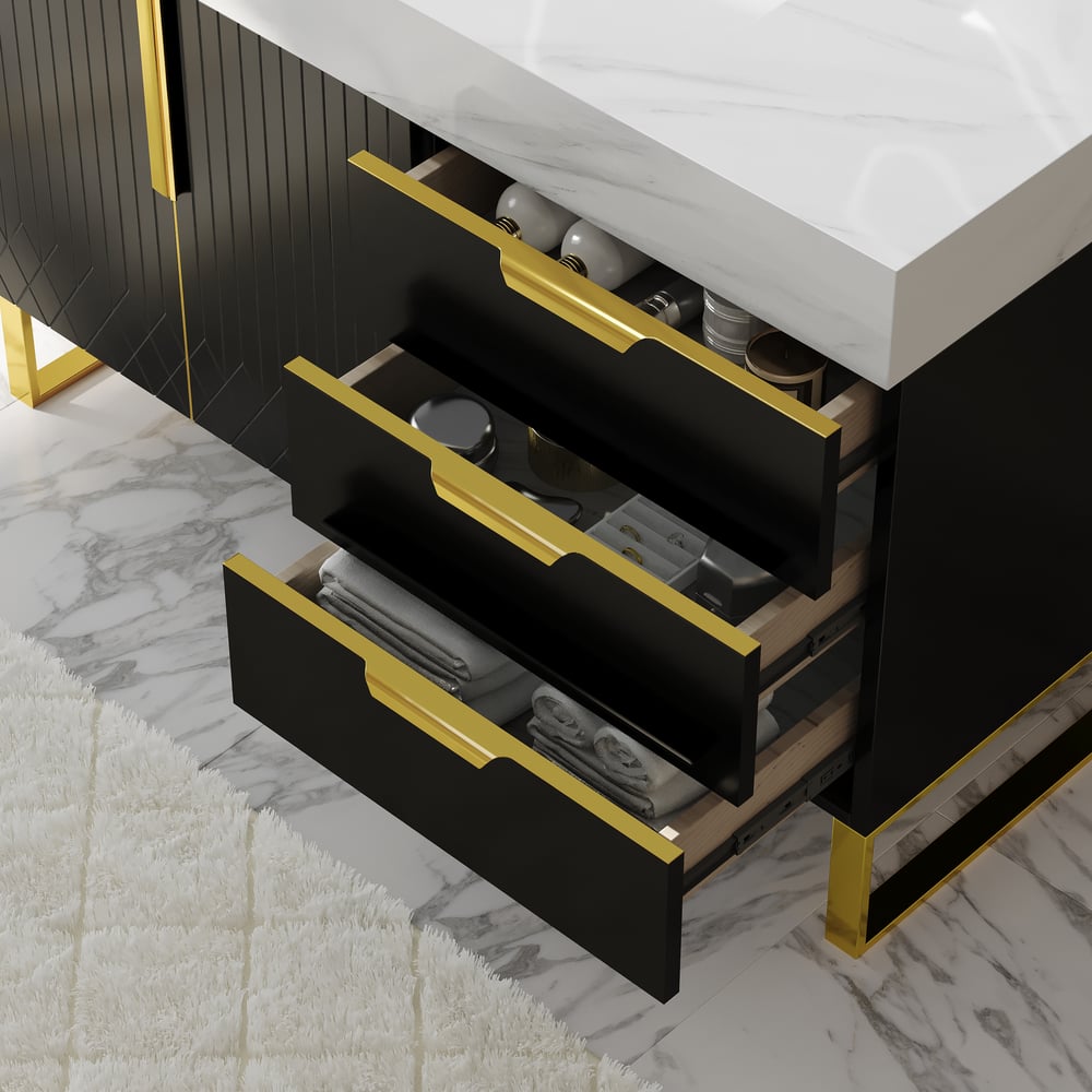 Aro 35" Black Freestanding Single Sink Bathroom Vanity Drawers Doors Faux Marble Top window image