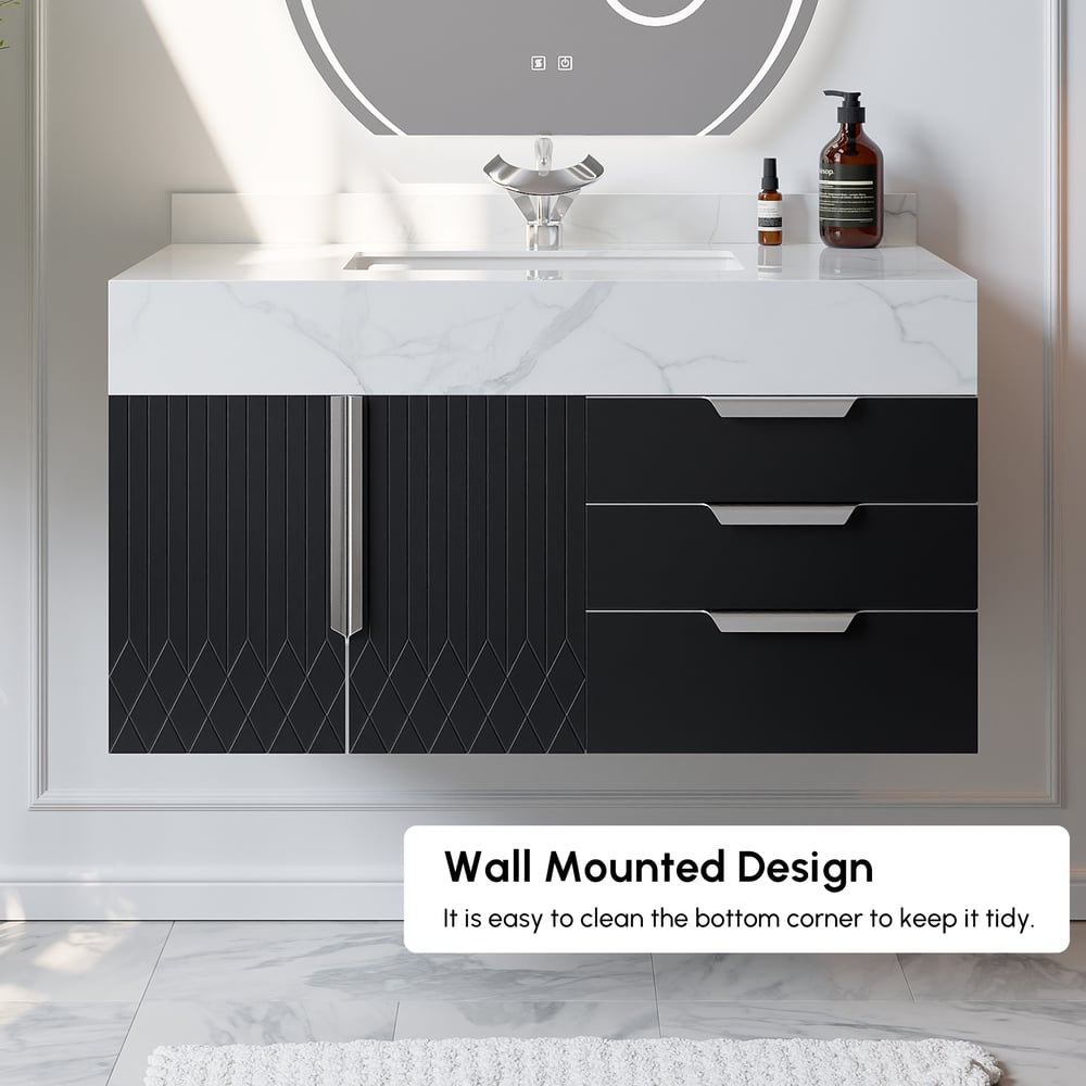 Gavetas de banheiro Aro 900 mm pretas montadas na parede com tampo de mármore sintético Imagem da janela