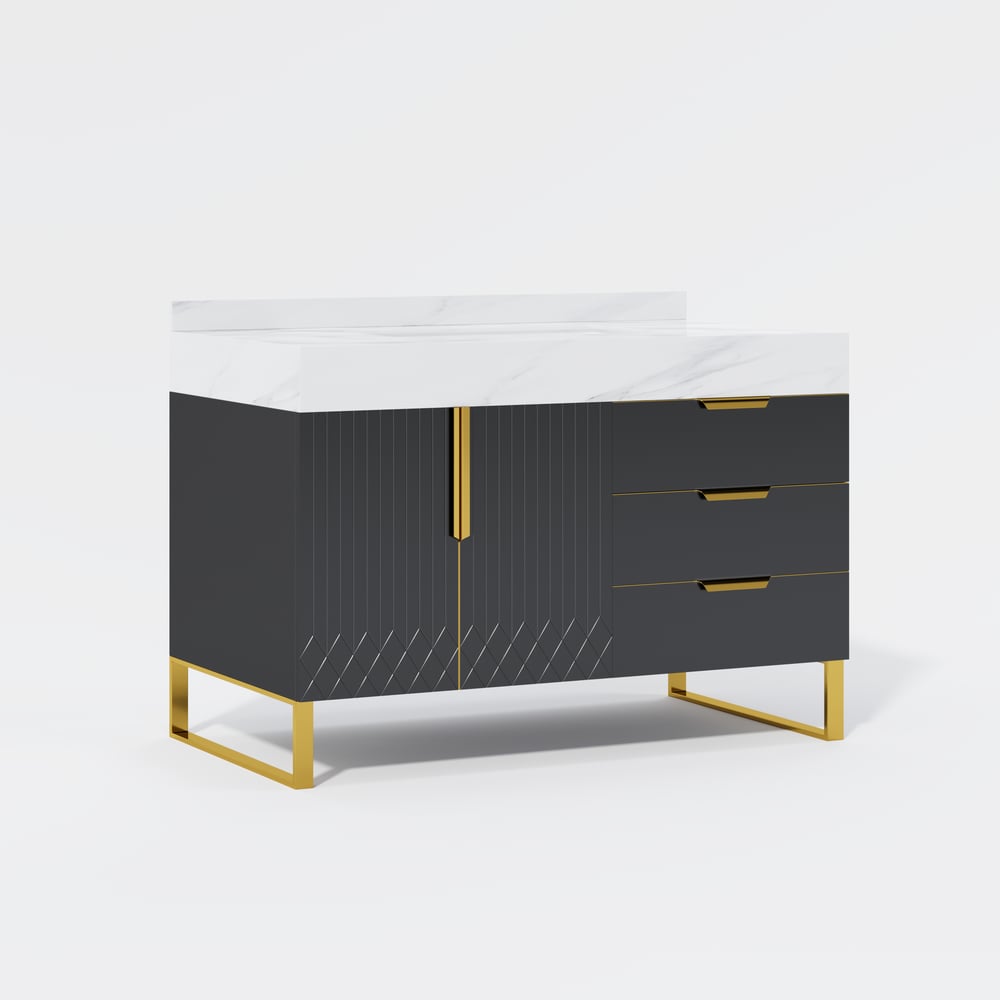 Aro 35" Black Freestanding Single Sink Bathroom Vanity Drawers Doors Faux Marble Top window image