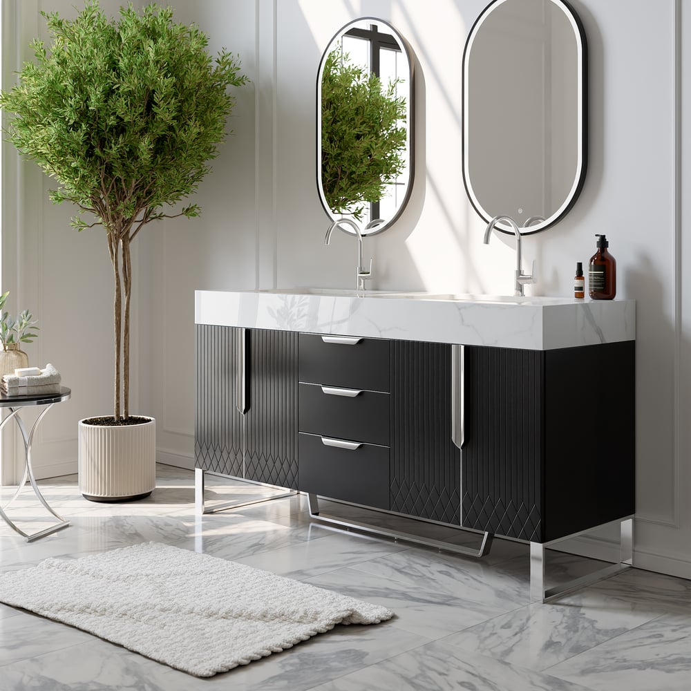 Aro 59" Black Double Sink Freestanding Bathroom Vanity Drawers & Doors Faux Marble Top window image