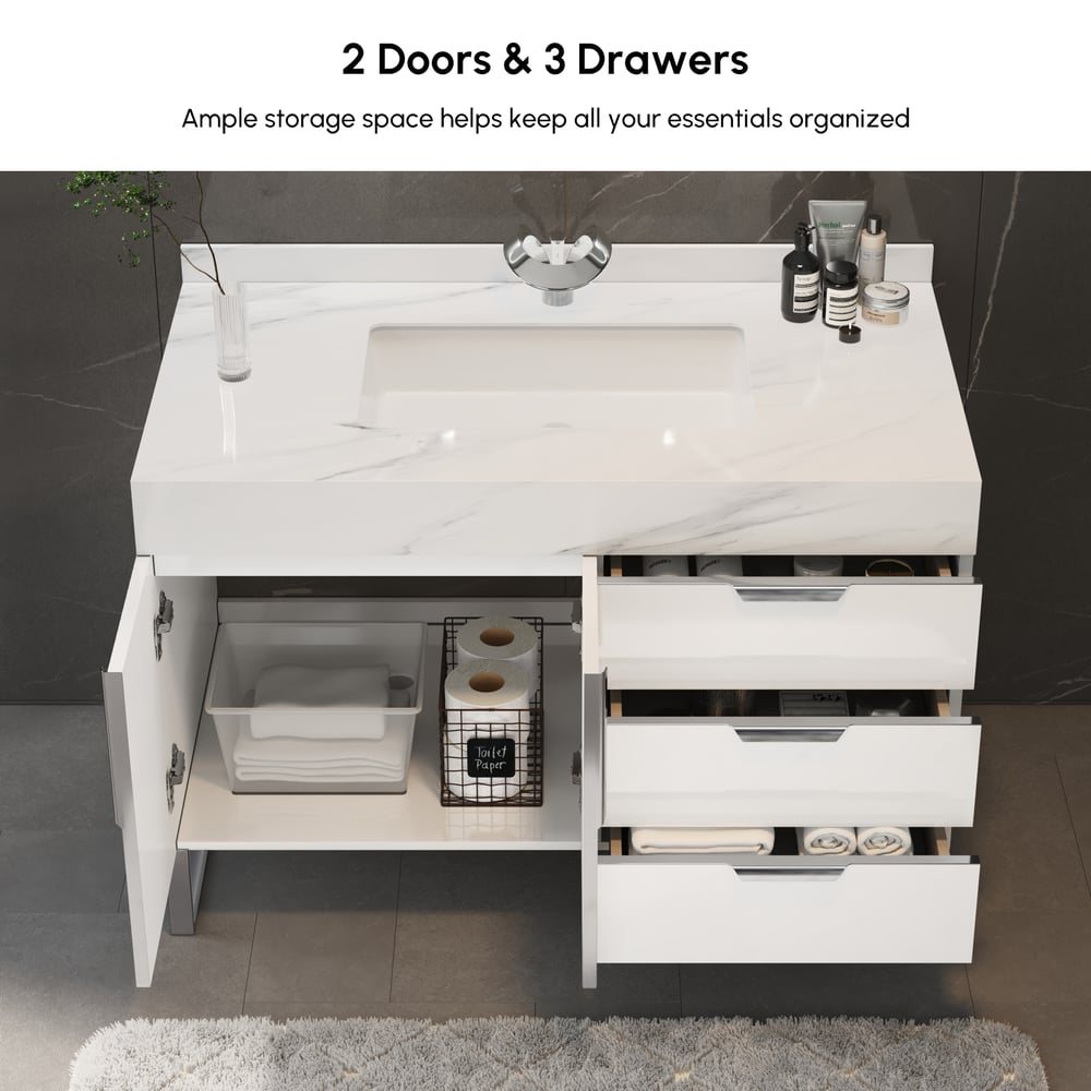Aro 35" White Freestanding Single Sink Bathroom Vanity Drawers Doors Faux Marble Top window image