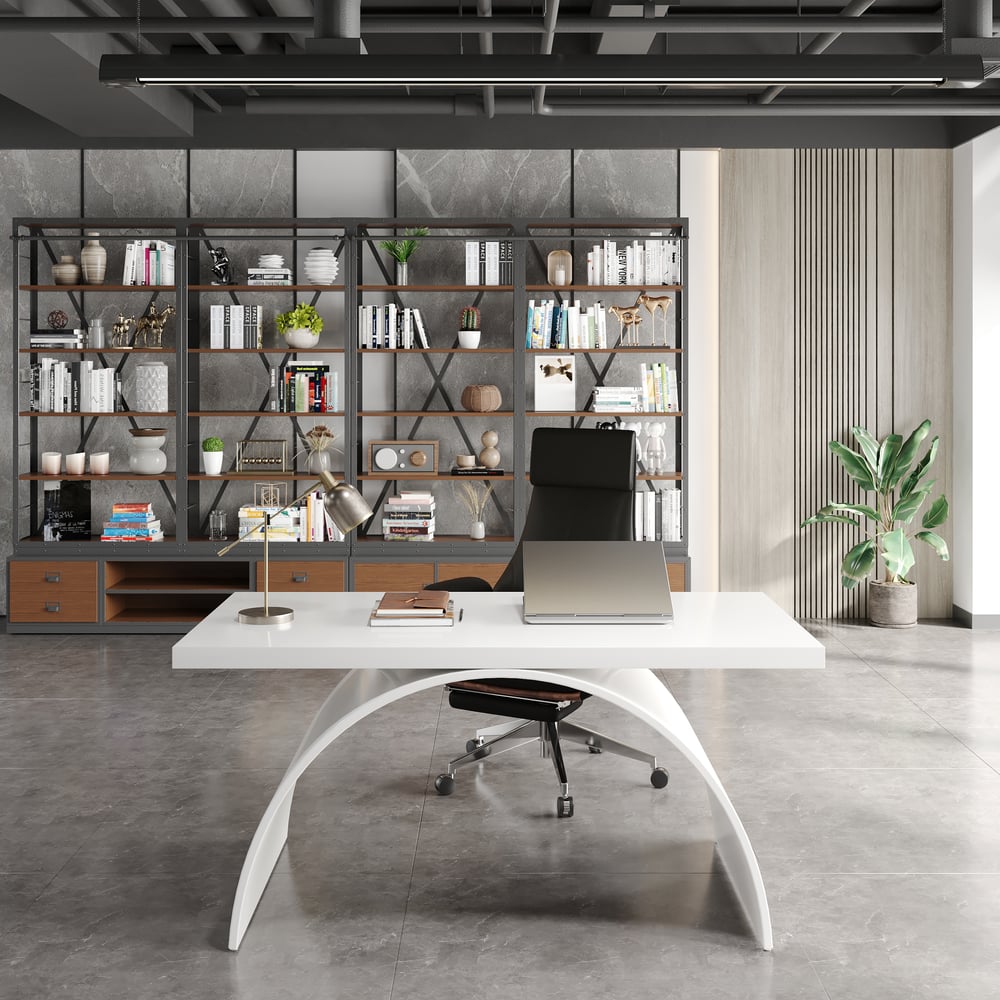 Modern White Rectangular Wood Metal Base Office Desk (1600mm ) window image