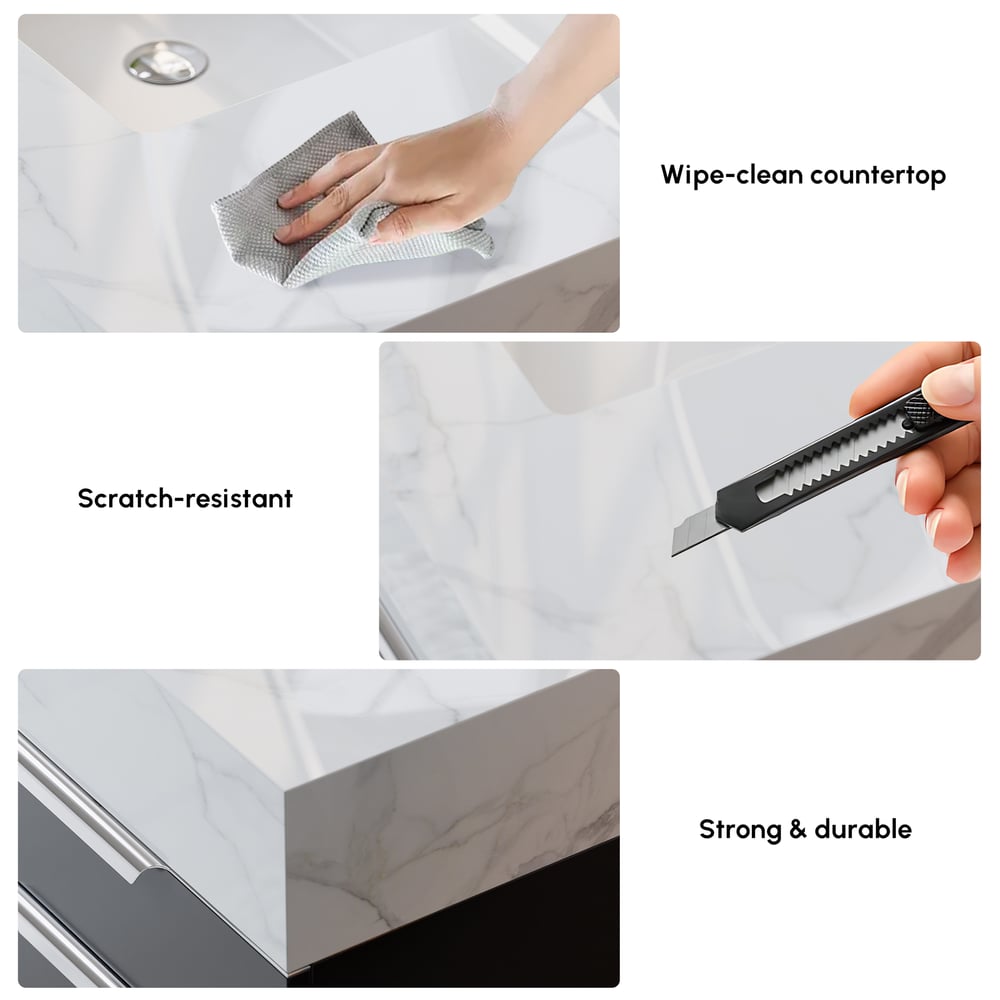 Gavetas de banheiro Aro 900 mm pretas montadas na parede com tampo de mármore sintético Imagem da janela