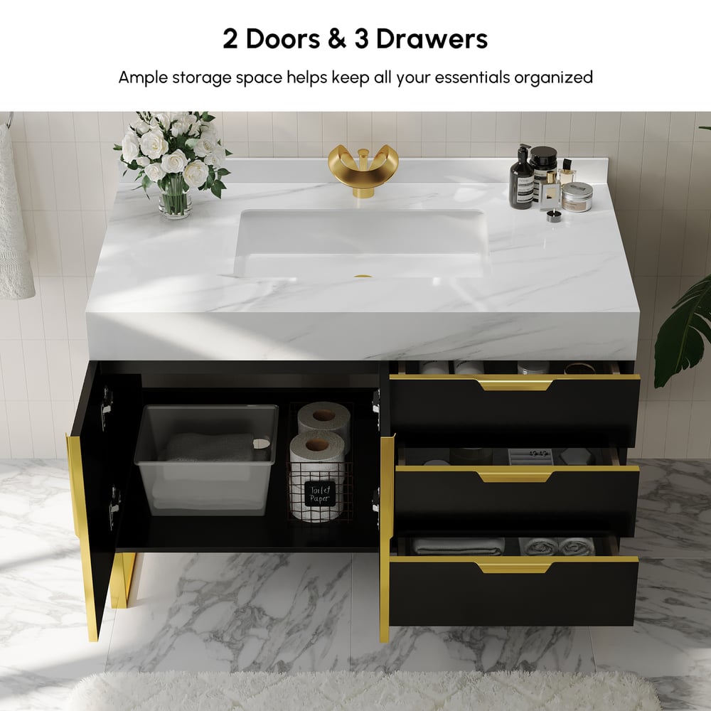 Aro 35" Black Freestanding Single Sink Bathroom Vanity Drawers Doors Faux Marble Top window image