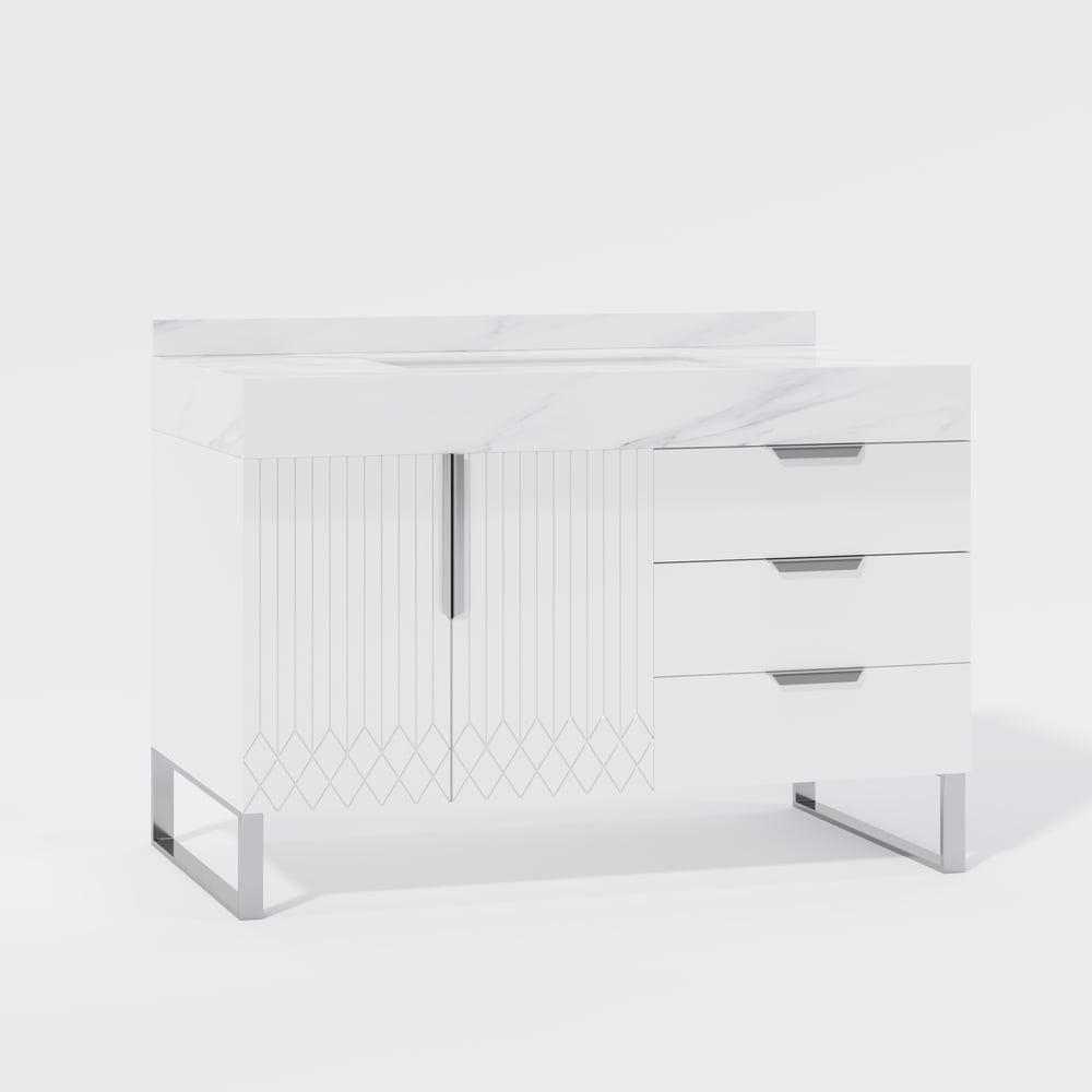 Aro 35" White Freestanding Single Sink Bathroom Vanity Drawers Doors Faux Marble Top window image