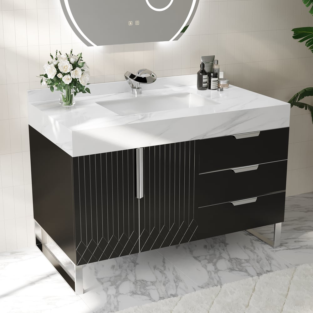 Aro 900mm Czarna wolnostojąca ceramiczna umywalka łazienkowa Szuflady łazienkowe ze sztucznego marmuru obraz okna