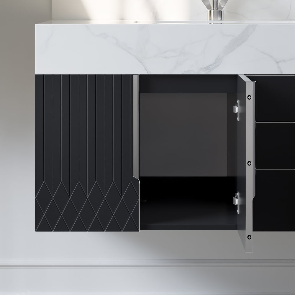 Gavetas de banheiro Aro 900 mm pretas montadas na parede com tampo de mármore sintético Imagem da janela