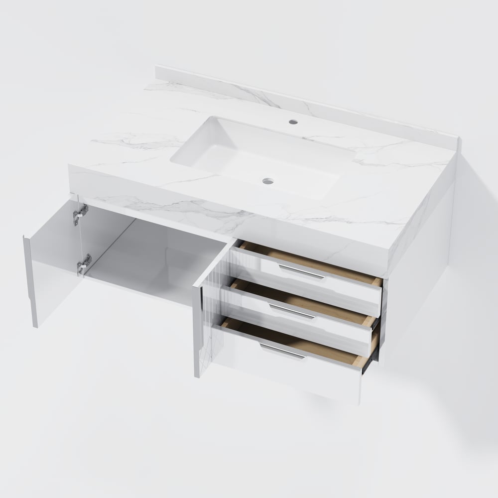 Set di mobili da bagno serie Aro 900 mm Mobile da bagno galleggiante in pietra bianca con lavandino Immagine della finestra