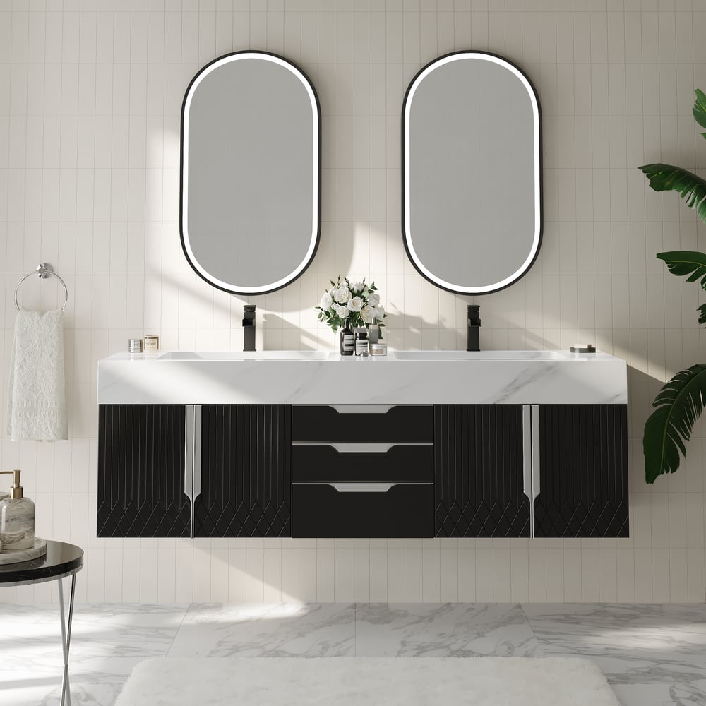 Aro Series Bathroom Vanity Set 59" Floating Faux Marble Bathroom Vanity Black with Sink window image