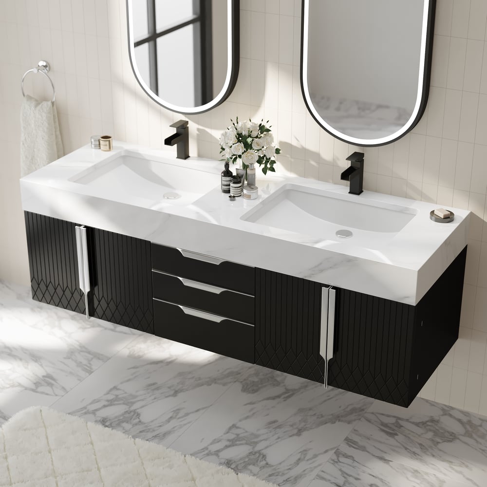 Aro Series Bathroom Vanity Set 59" Floating Faux Marble Bathroom Vanity Black with Sink window image