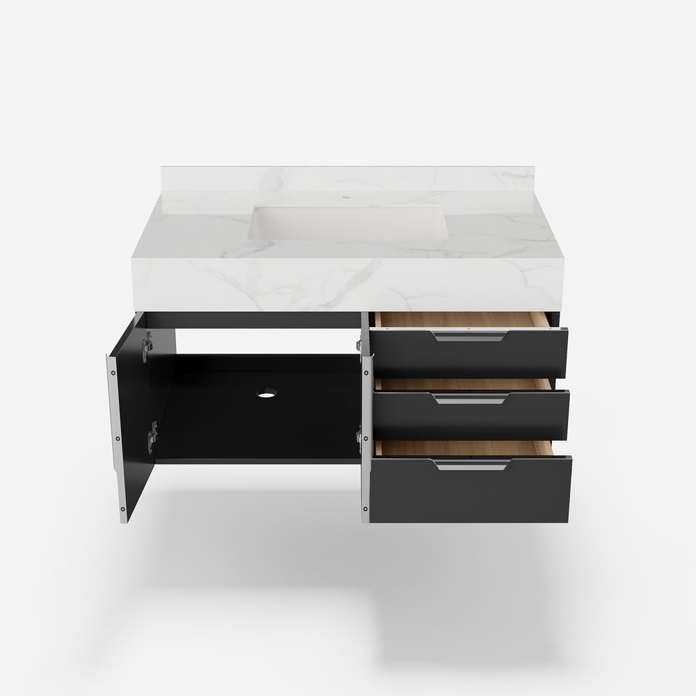 Gavetas de banheiro Aro 900 mm pretas montadas na parede com tampo de mármore sintético Imagem da janela