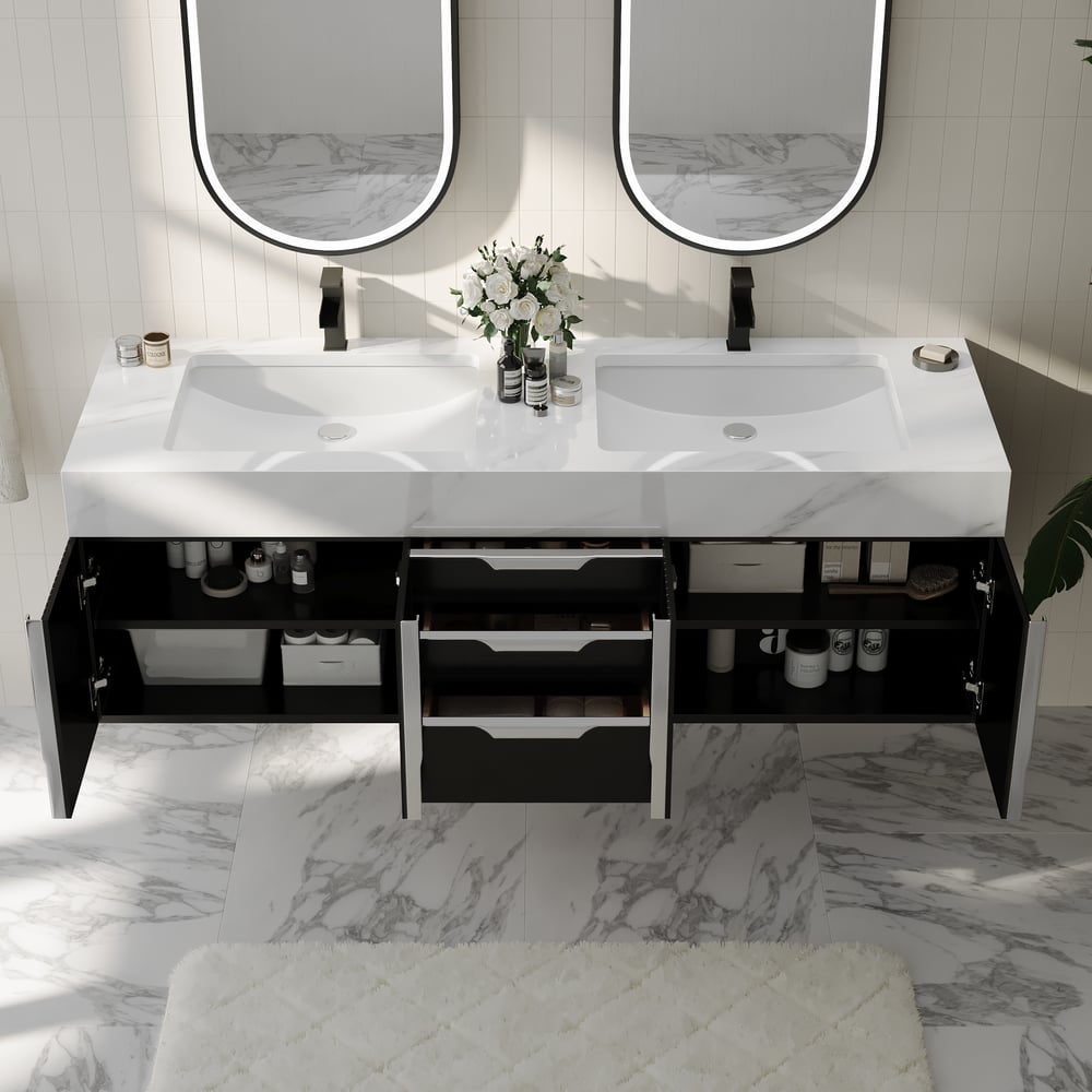Aro Series Bathroom Vanity Set 59" Floating Faux Marble Bathroom Vanity Black with Sink window image