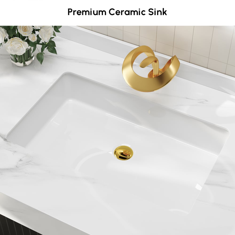 Aro 35" Black Freestanding Single Sink Bathroom Vanity Drawers Doors Faux Marble Top window image