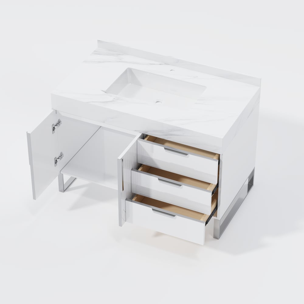 Aro 35" White Freestanding Single Sink Bathroom Vanity Drawers Doors Faux Marble Top window image