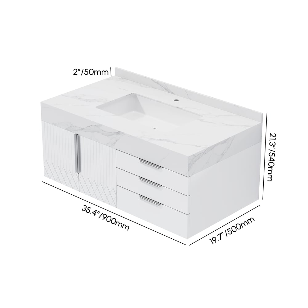 Set di mobili da bagno serie Aro 900 mm Mobile da bagno galleggiante in pietra bianca con lavandino Immagine con pesi e dimensioni