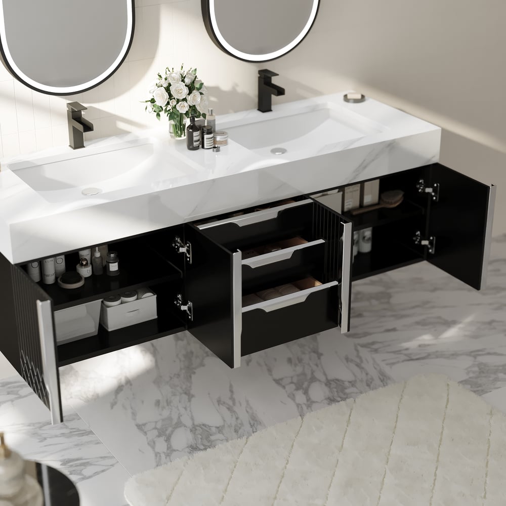 Aro Series Bathroom Vanity Set 59" Floating Faux Marble Bathroom Vanity Black with Sink window image