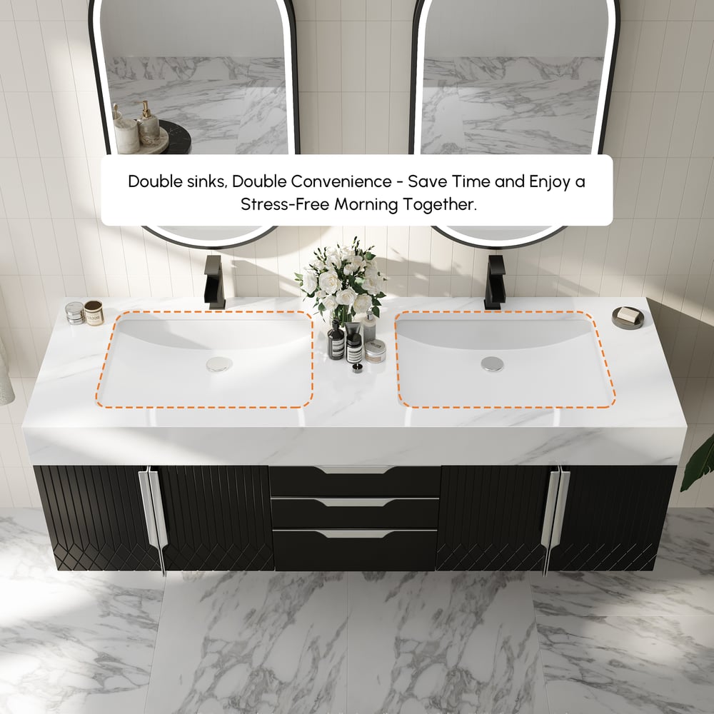 Aro Series Bathroom Vanity Set 59" Floating Faux Marble Bathroom Vanity Black with Sink window image