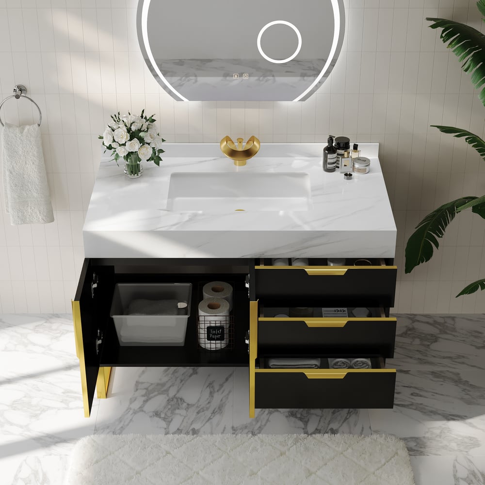 Aro 35" Black Freestanding Single Sink Bathroom Vanity Drawers Doors Faux Marble Top window image