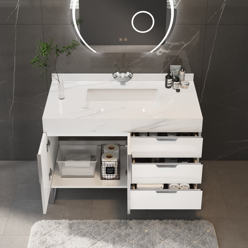 Aro 35" White Freestanding Single Sink Bathroom Vanity Drawers Doors Faux Marble Top window image
