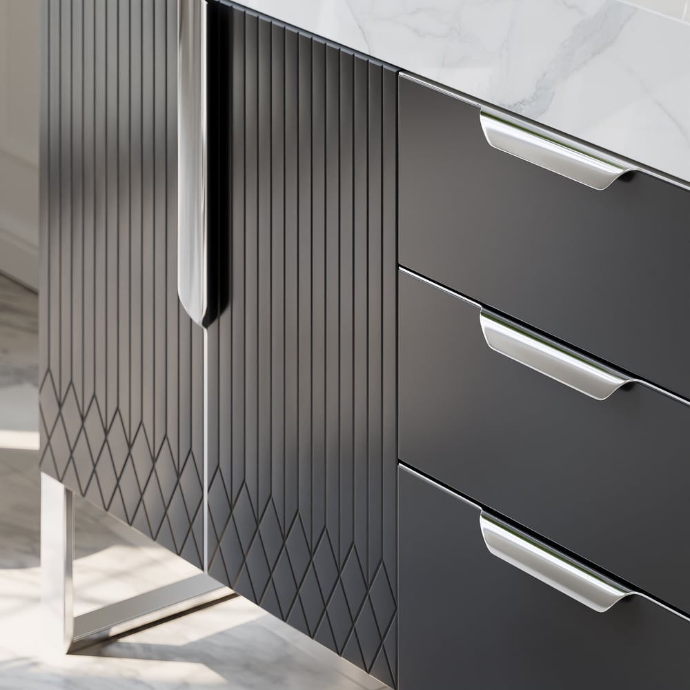 Aro 59" Black Double Sink Freestanding Bathroom Vanity Drawers & Doors Faux Marble Top window image