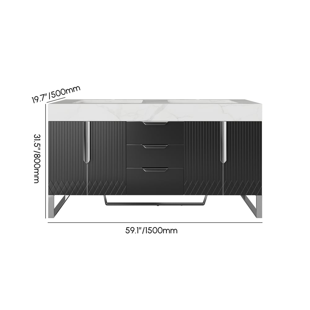 Aro 59" Black Double Sink Freestanding Bathroom Vanity Drawers & Doors Faux Marble Top weights dimensions image