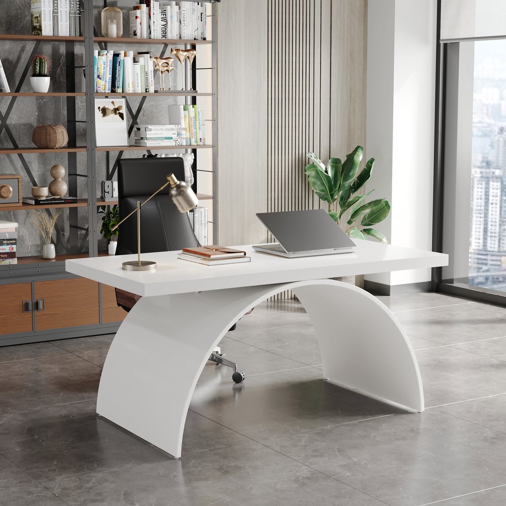 Modern White Rectangular Wood Metal Base Office Desk (1600mm ) window image