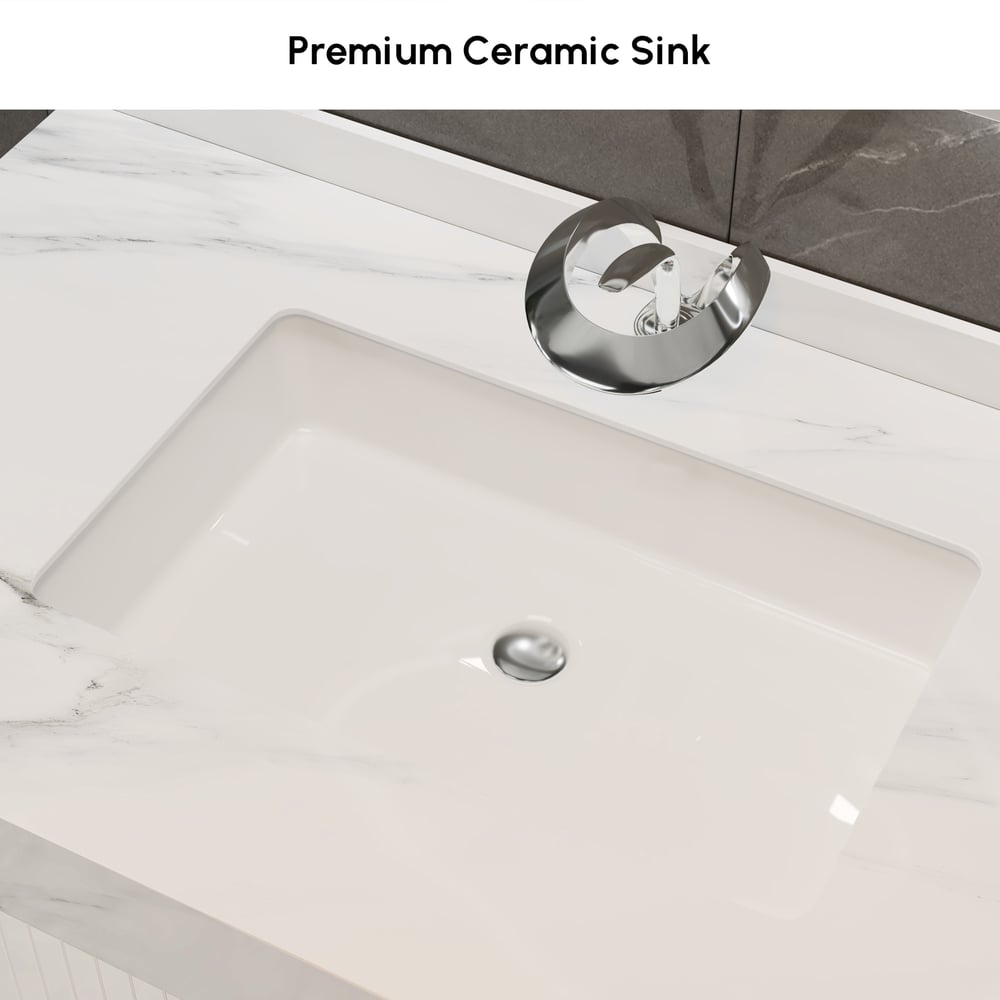 Aro 35" White Freestanding Single Sink Bathroom Vanity Drawers Doors Faux Marble Top window image