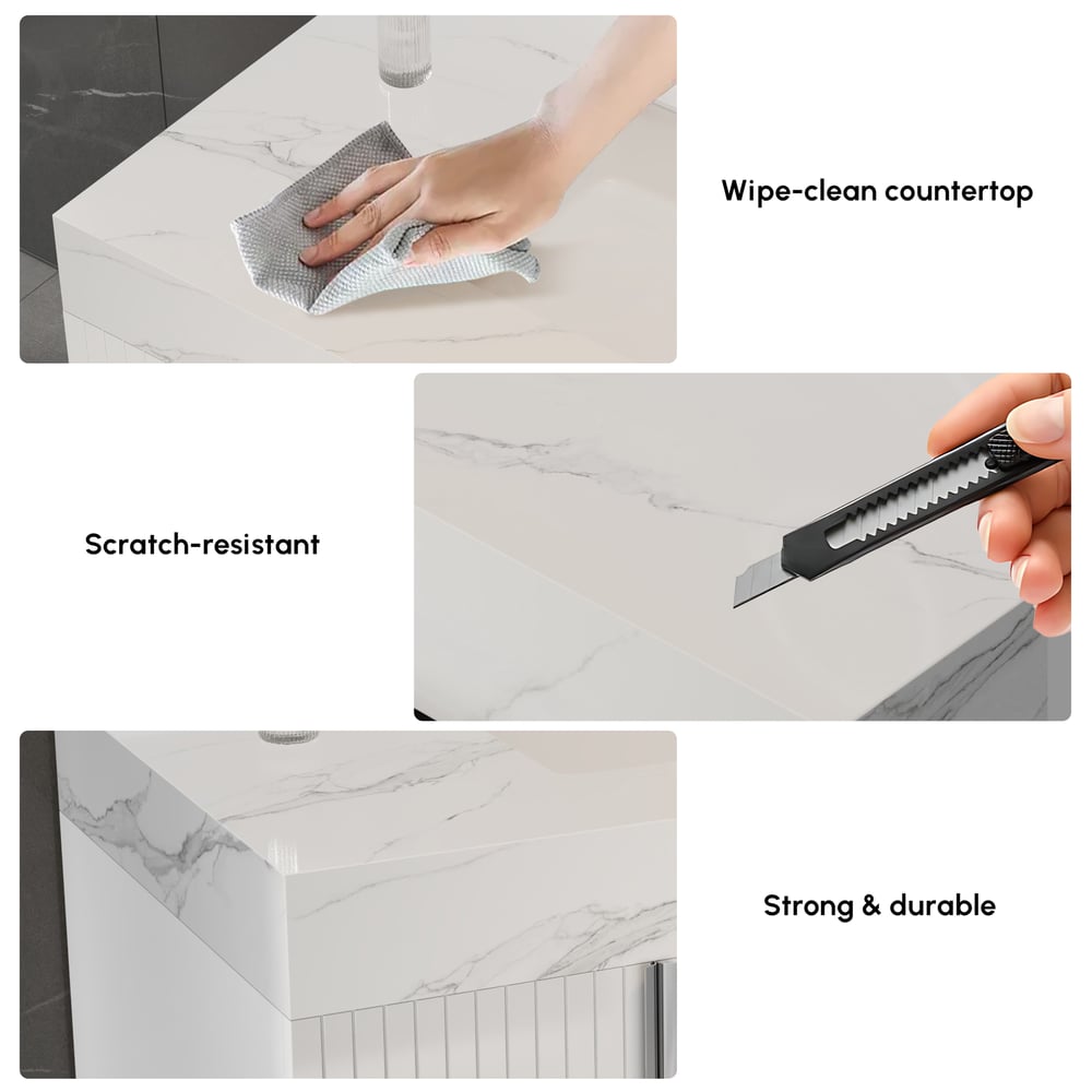 Aro 35" White Freestanding Single Sink Bathroom Vanity Drawers Doors Faux Marble Top window image