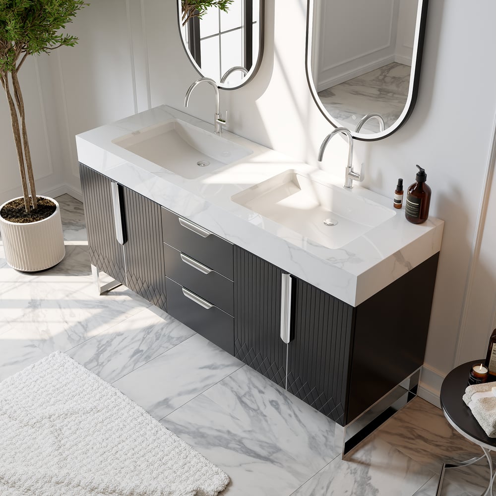 Aro 59" Black Double Sink Freestanding Bathroom Vanity Drawers & Doors Faux Marble Top window image