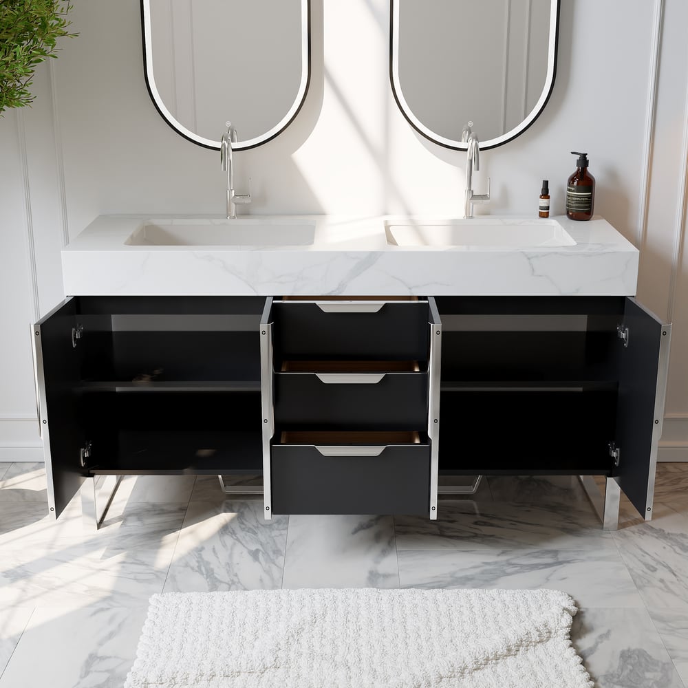 Aro 59" Black Double Sink Freestanding Bathroom Vanity Drawers & Doors Faux Marble Top window image