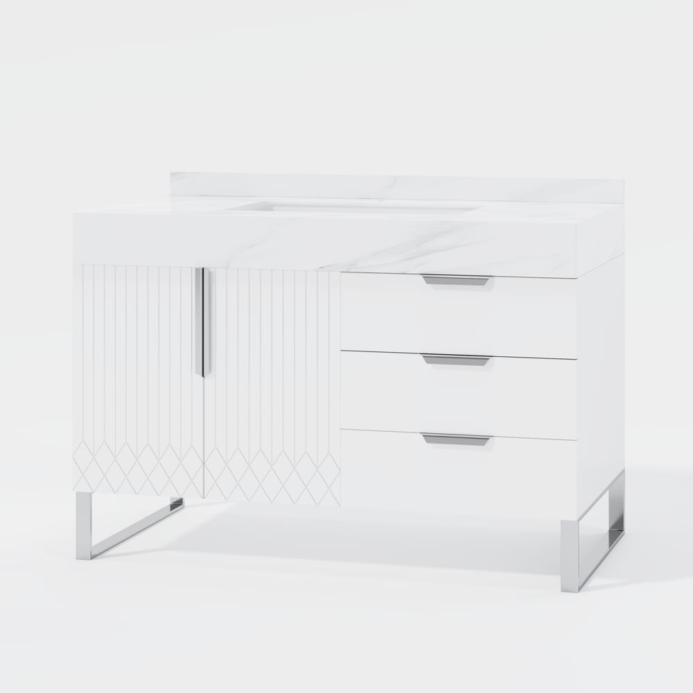 Aro 35" White Freestanding Single Sink Bathroom Vanity Drawers Doors Faux Marble Top window image