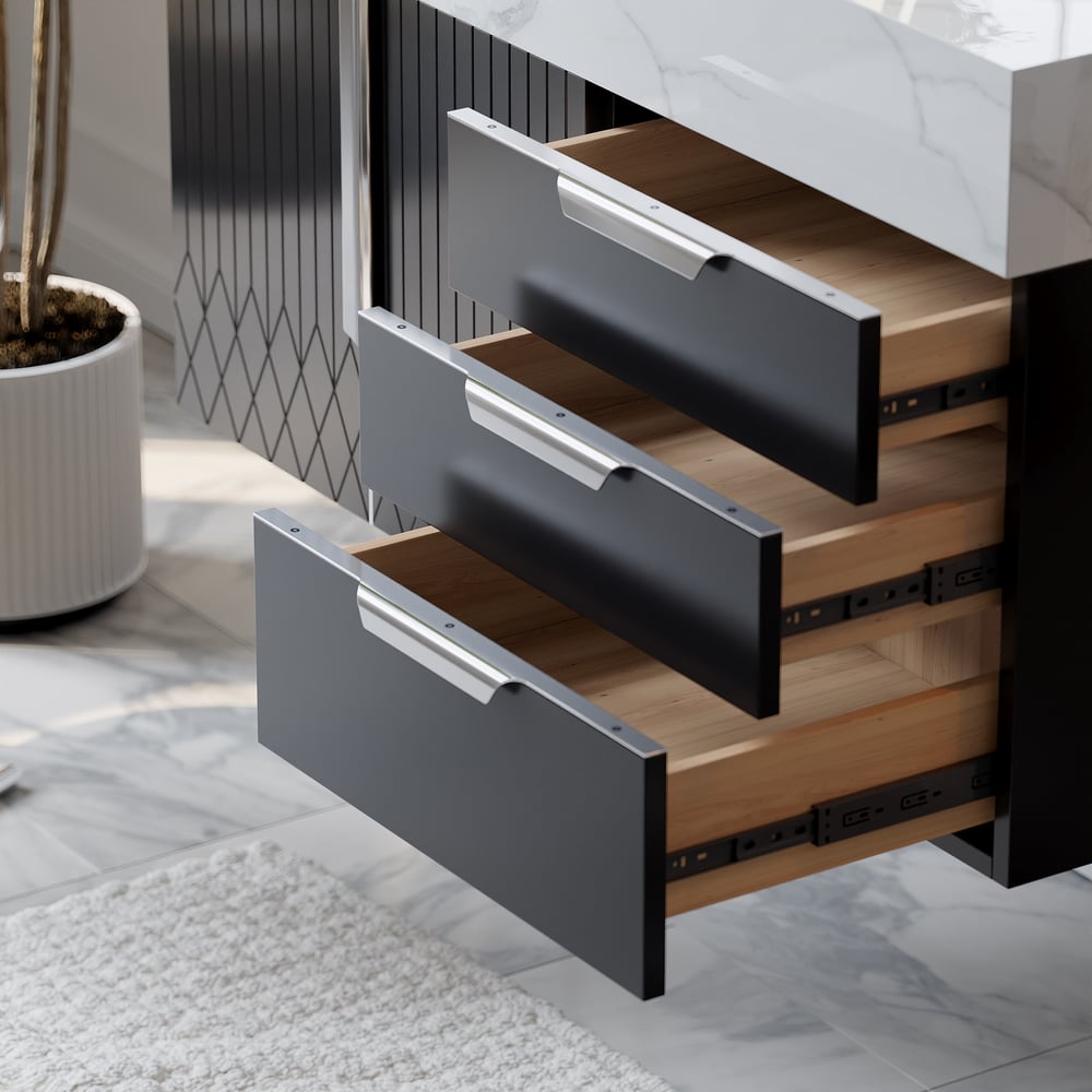 Gavetas de banheiro Aro 900 mm pretas montadas na parede com tampo de mármore sintético Imagem da janela