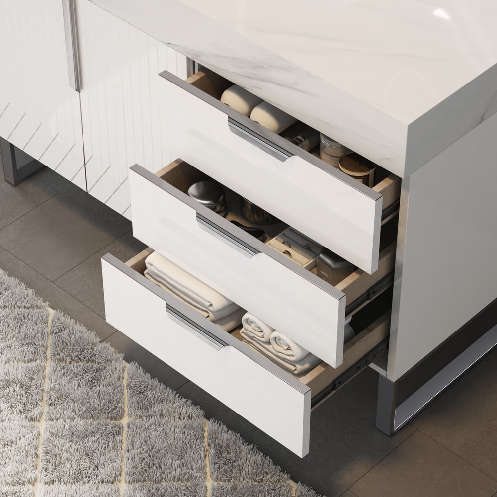 Aro 35" White Freestanding Single Sink Bathroom Vanity Drawers Doors Faux Marble Top window image