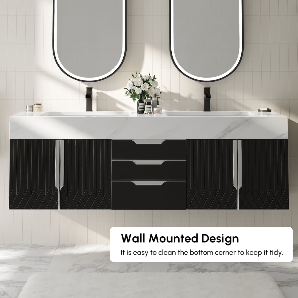 Aro Series Bathroom Vanity Set 59" Floating Faux Marble Bathroom Vanity Black with Sink window image