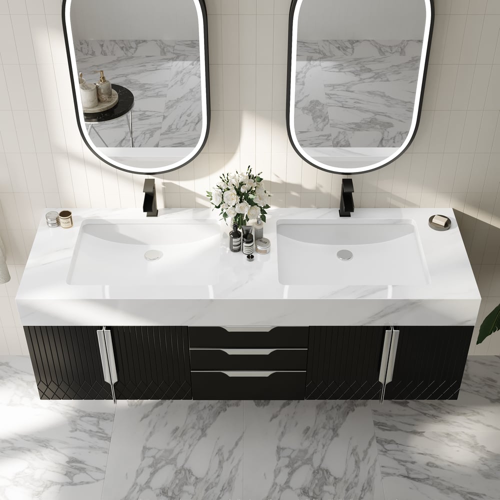 Aro Series Bathroom Vanity Set 59" Floating Faux Marble Bathroom Vanity Black with Sink window image
