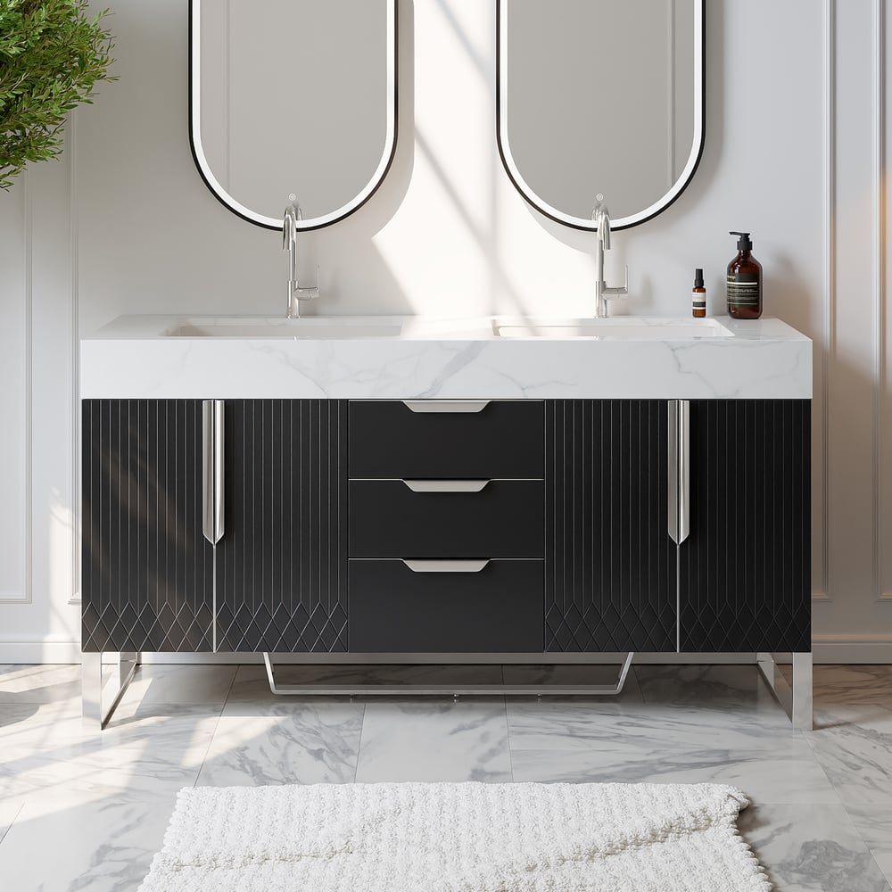Aro 59" Black Double Sink Freestanding Bathroom Vanity Drawers & Doors Faux Marble Top window image