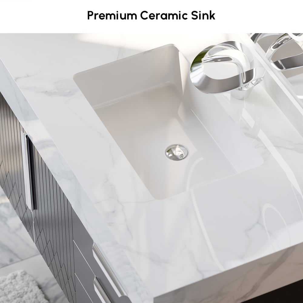 Gavetas de banheiro Aro 900 mm pretas montadas na parede com tampo de mármore sintético Imagem da janela