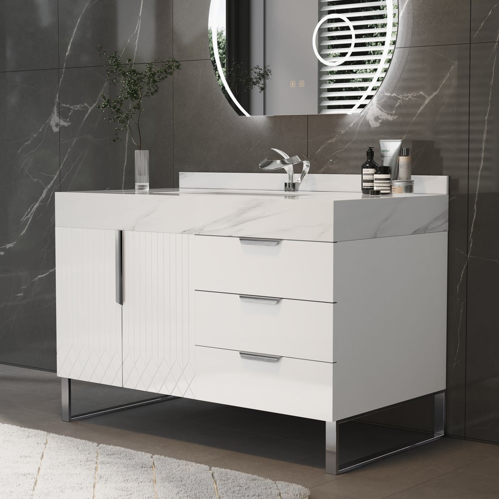 Aro 35" White Freestanding Single Sink Bathroom Vanity Drawers Doors Faux Marble Top window image