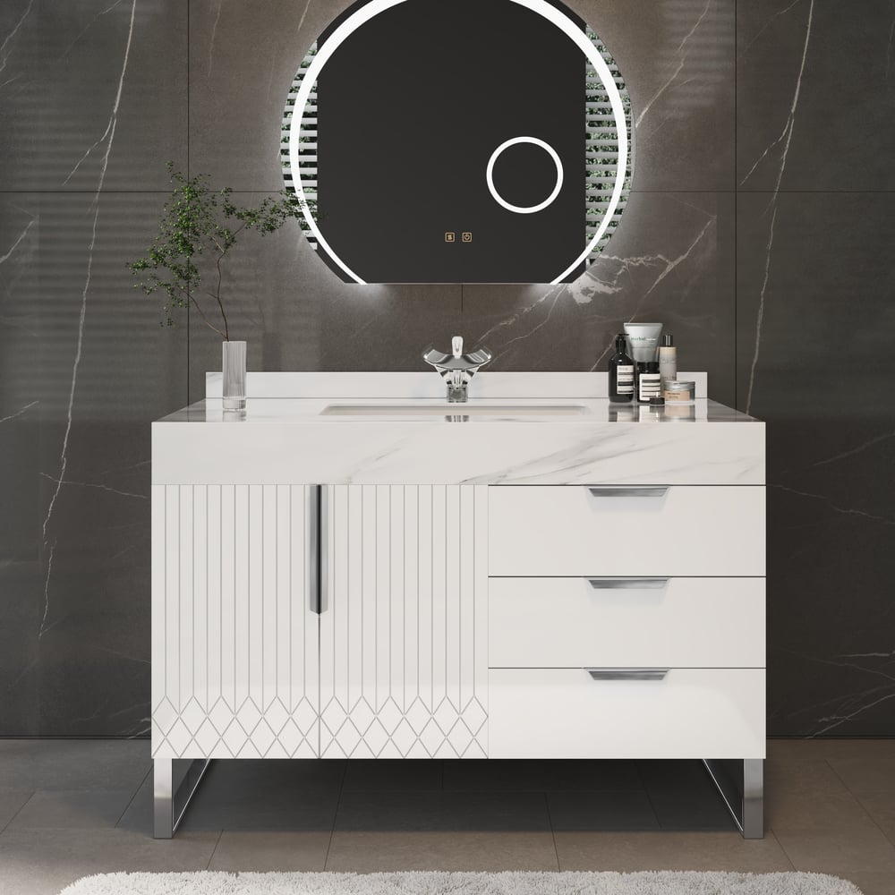 Aro 35" White Freestanding Single Sink Bathroom Vanity Drawers Doors Faux Marble Top window image