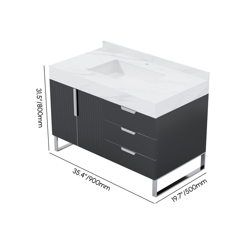 Aro 900mm Czarna wolnostojąca ceramiczna umywalka łazienkowa Szuflady łazienkowe ze sztucznego marmuru obraz wagi wymiary