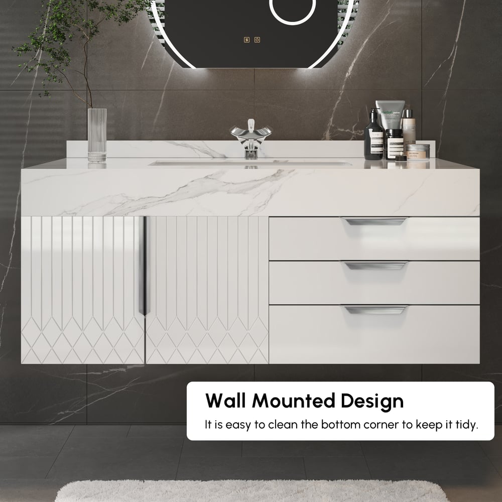 Set di mobili da bagno serie Aro 900 mm Mobile da bagno galleggiante in pietra bianca con lavandino Immagine della finestra