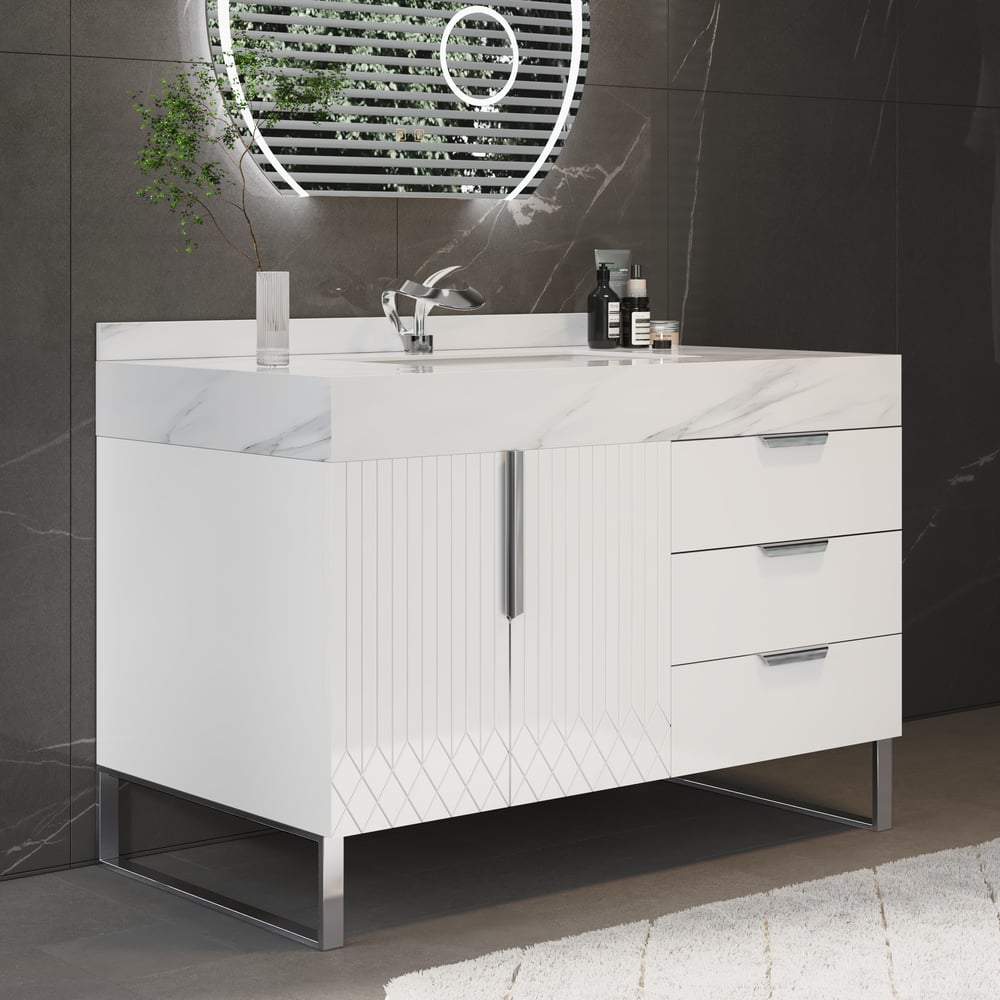 Aro 35" White Freestanding Single Sink Bathroom Vanity Drawers Doors Faux Marble Top window image