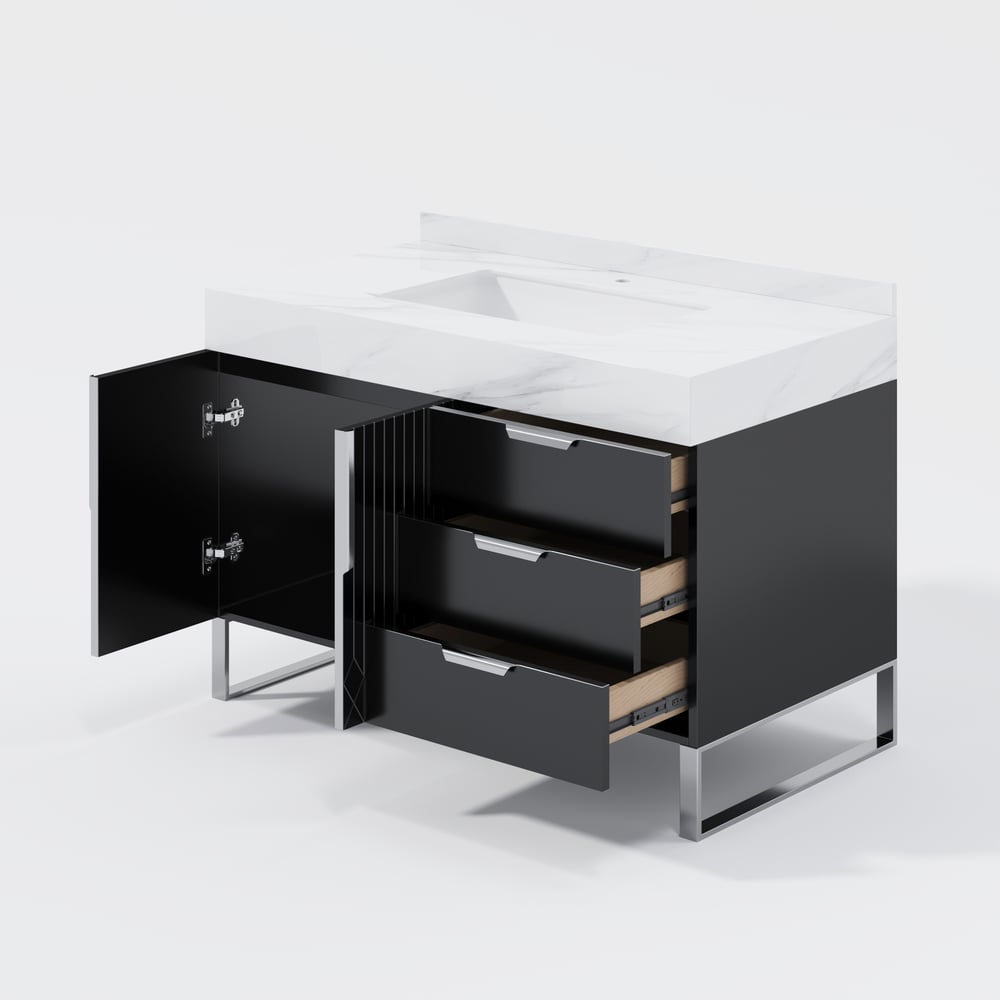 Aro 900mm Czarna wolnostojąca ceramiczna umywalka łazienkowa Szuflady łazienkowe ze sztucznego marmuru obraz okna