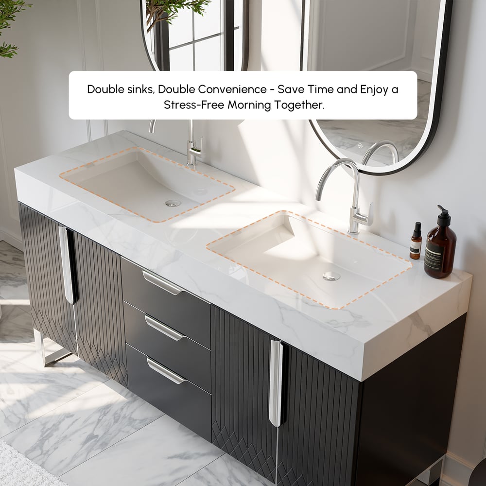 Aro 59" Black Double Sink Freestanding Bathroom Vanity Drawers & Doors Faux Marble Top window image