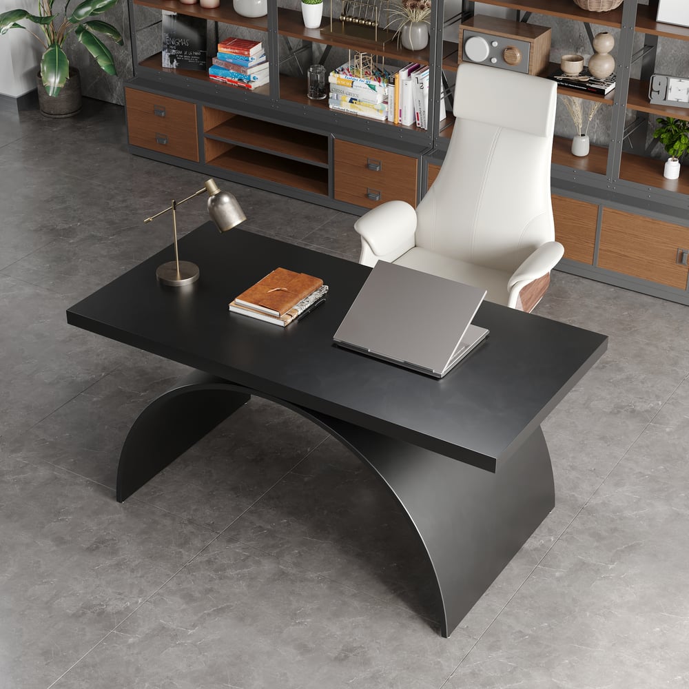 Scrivania da ufficio rettangolare in legno nero industriale con base in metallo (1600 mm) Immagine della finestra