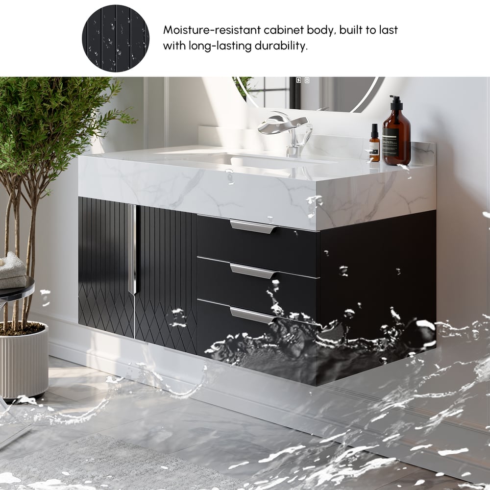 Gavetas de banheiro Aro 900 mm pretas montadas na parede com tampo de mármore sintético Imagem da janela