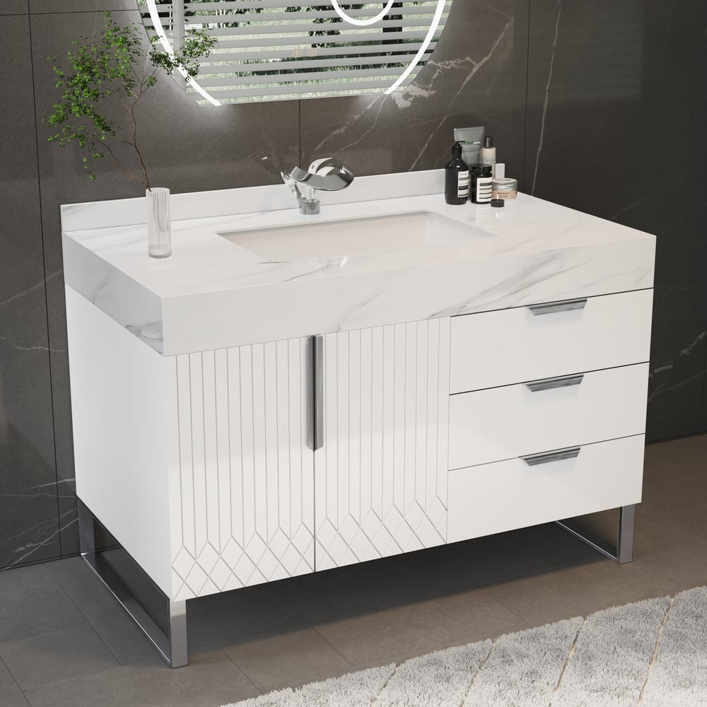 Aro 35" White Freestanding Single Sink Bathroom Vanity Drawers Doors Faux Marble Top window image
