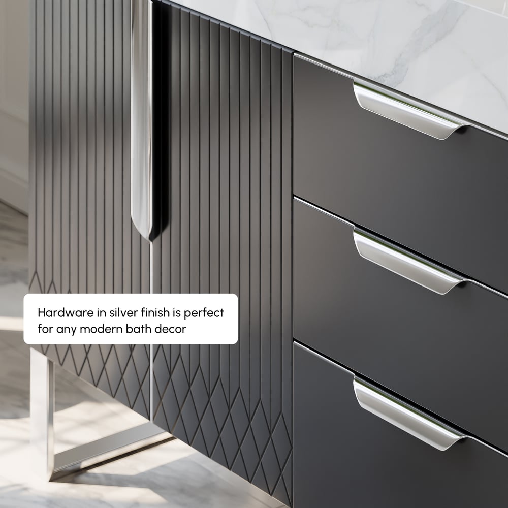 Aro 59" Black Double Sink Freestanding Bathroom Vanity Drawers & Doors Faux Marble Top window image