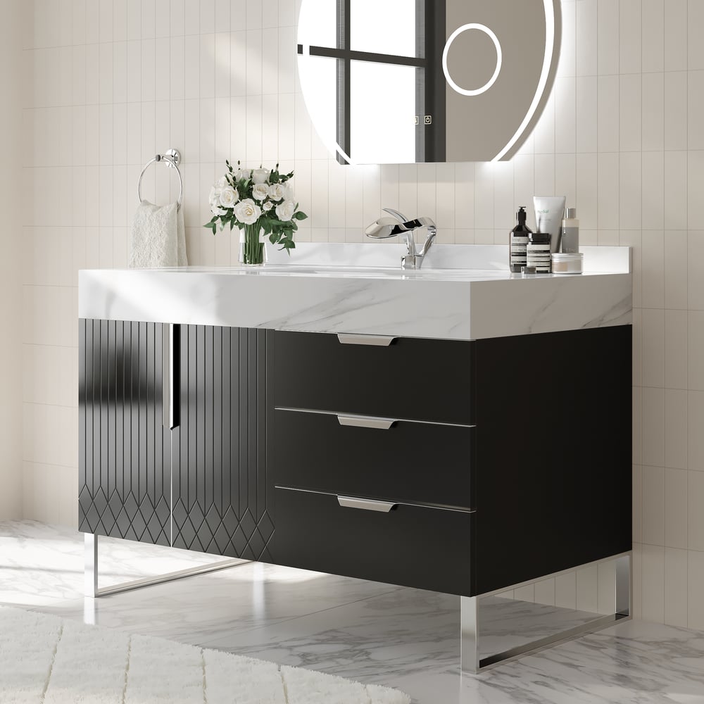 Aro 900mm Czarna wolnostojąca ceramiczna umywalka łazienkowa Szuflady łazienkowe ze sztucznego marmuru obraz okna